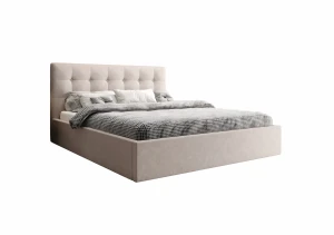 Łóżko tapicerowane 160x200 NAOMI z pojemnikiem i stelażem beżowe tkanina welurowa