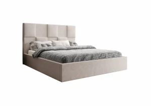 Łóżko tapicerowane 140x200 EVA z pojemnikiem i stelażem beżowe tkanina welurowa