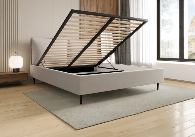 Łóżko tapicerowane na nogach FANCY tkanina Jasmine 21 otwarte