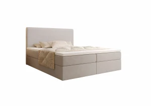 Łóżko kontynentalne 140x200 ELENA z pojemnikiem i topperem beżowe tkanina welurowa