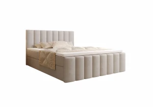 Łóżko kontynentalne 200x200 VALERIE z pojemnikiem i topperem beżowe tkanina welurowa