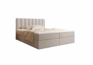 Łóżko kontynentalne 180x200 JENNA z pojemnikiem i topperem beżowe tkanina welurowa