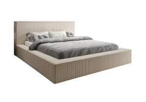 Łóżko tapicerowane 200x200 BETI SLIM z pojemnikiem i stelażem beżowe tkanina sztruks