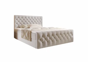Łóżko kontynentalne 140x200 TESSA z pojemnikiem i topperem beżowe tkanina welurowa