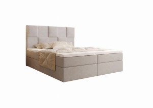 Łóżko Kontynentalne 200x200 GWEN z pojemnikiem i topperem beżowe tkanina welurowa