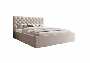 Łóżko tapicerowane 160x200 ESTER z pojemnikiem i stelażem beżowe tkanina welurowa