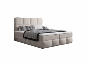 Łóżko kontynentalne 120x200 REBEKA z pojemnikiem i topperem beżowe tkanina welurowa