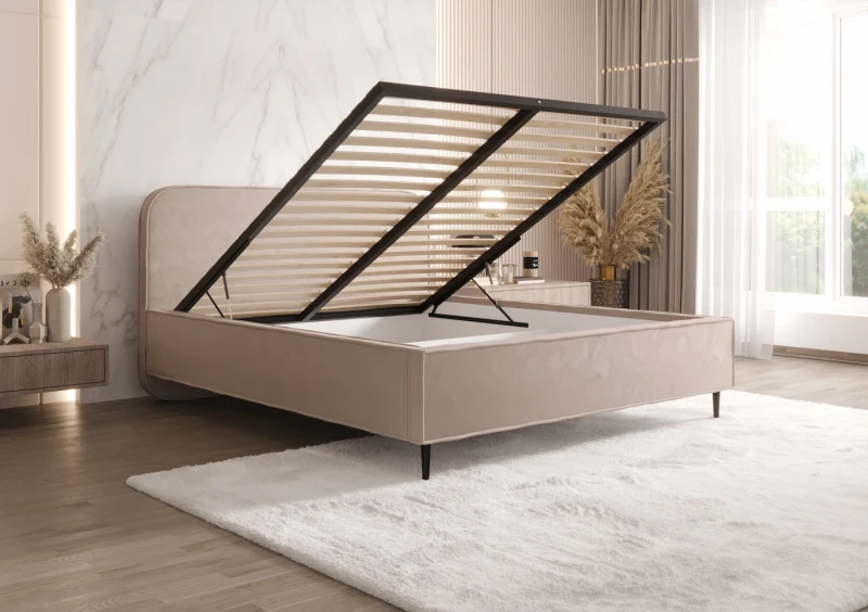 Łóżko tapicerowane na nogach Leoni otwarte