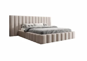 Łóżko tapicerowane 160x200 ADA LUX z pojemnikiem i stelażem długie wezgłowie beżowe welurowe