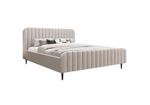 Łóżko tapicerowane na nóżkach 180x200 cm PRESTIGE z pojemnikiem i stelażem beżowe welurowe