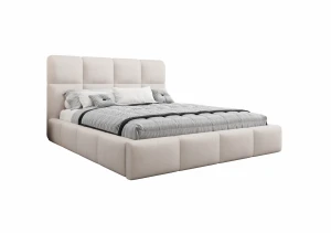 Łóżko tapicerowane 140x200 ANGELES z pojemnikiem i stelażem beżowe tkanina welurowa